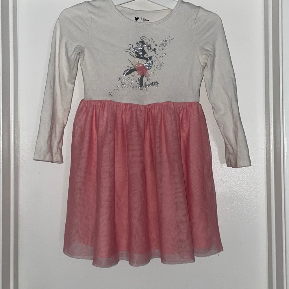 White and Pink Dress with Minnie Mouse Dancing on Front. Size 6.